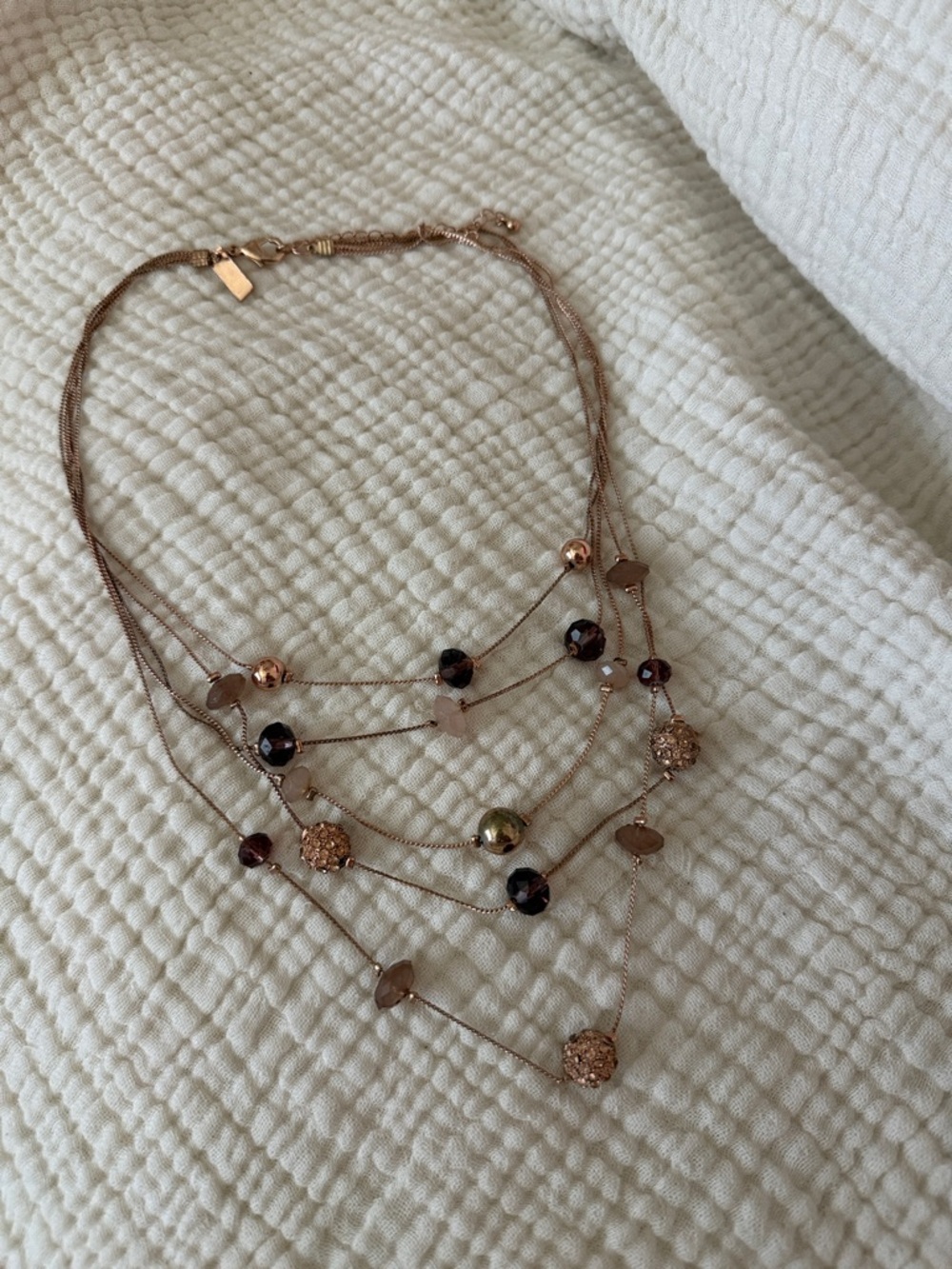 5 Strand Neutral Beaded layer layered necklace gold tone